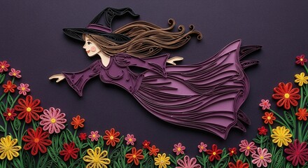 A whimsical paper-cut witch floats over a vibrant flower garden.