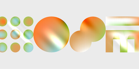 Abstract shapes, circles, rectangles present vibrant color gradients. Composition feels modern, minimalist, artistic. Soft hues dominate image.