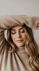 Woman in a Cozy Beige Knitted Turtleneck Sweater