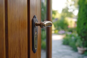 A inviting wood door with a classic bronze handle, beckons you into the serene garden. The photograph captures the details, inviting exploration and a moment of contemplation.
