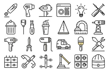 Collection of line icons depicting construction tools and instruments isolated on transparent background