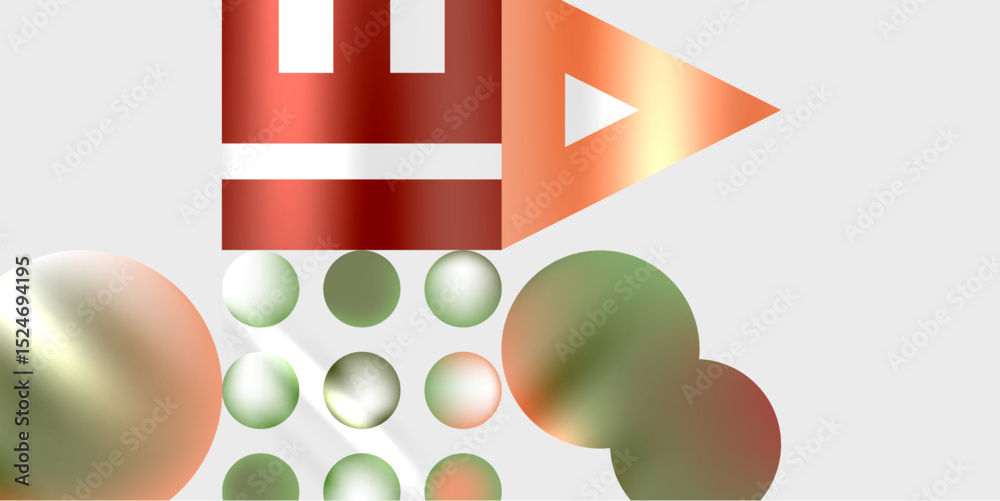 Poster Abstract design features red text, orange triangle, green spheres. Minimalist composition with blurred elements, simple shapes, dark background.