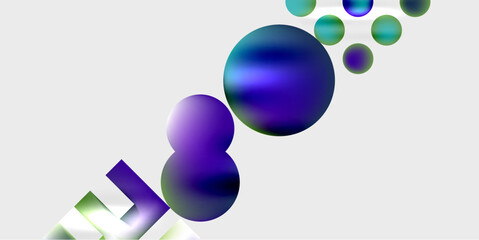 Abstract composition featuring vibrant purple spheres, geometric shapes, light reflections. Modern design, minimalist aesthetic, dynamic arrangement.
