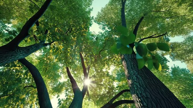 Views of towering green trees and sun rays shining through the leaves in a peaceful forest, Bottom up view of large green trees with sun shines through the leaves