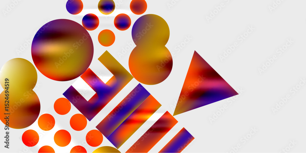 Poster Abstract composition featuring circles, rectangles, triangle. Warm colors dominate, creating dynamic visual impact. Minimalist design.