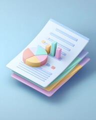 Stack of colorful documents with pie chart and bar graphs