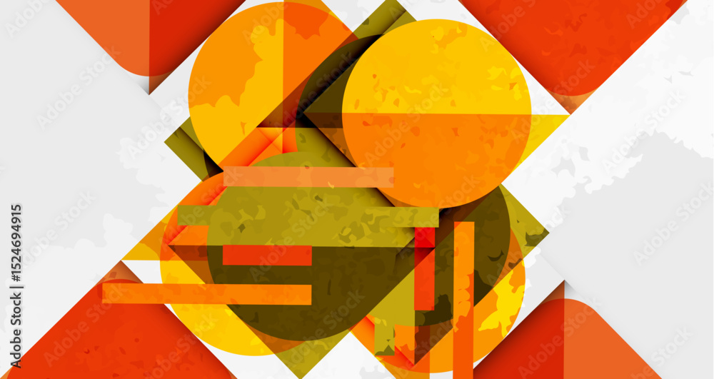 Poster Abstract composition. Overlapping circles, rectangles create dynamic visual texture. Warm orange, yellow hues dominate design.