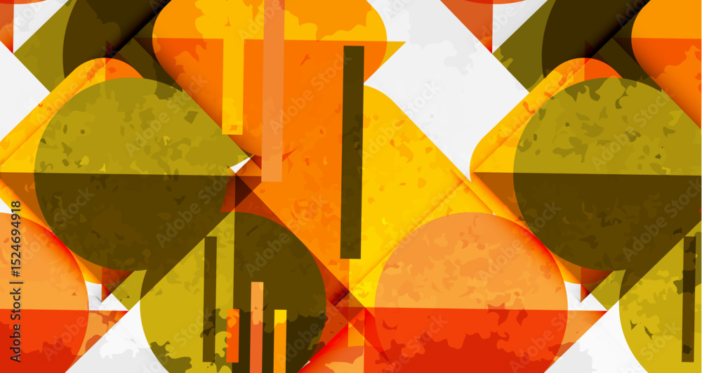 Poster Abstract geometric design. Orange, yellow, white shapes overlap creating textured pattern. Modern, vibrant composition.