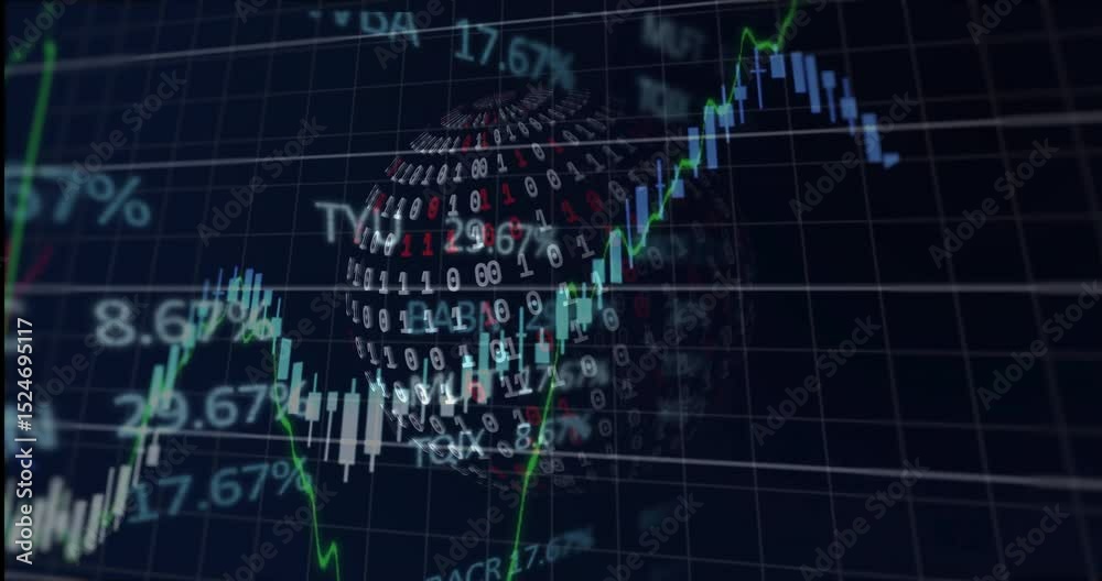 Poster dark grid fading in binary globe rotating candlestick chart rising blue line visualizing stocks