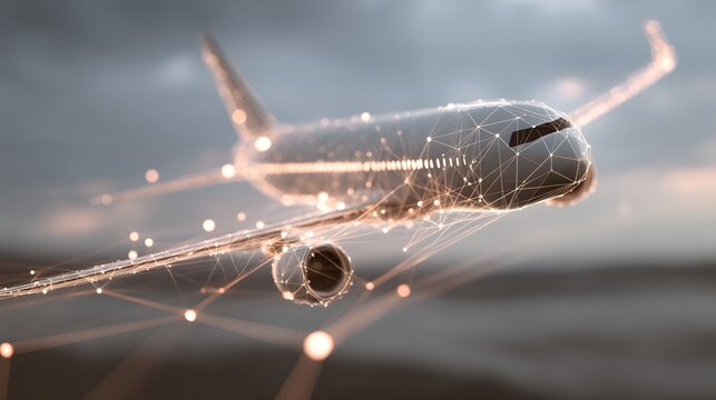 Airplane with interconnected network lines symbolizing global connectivity