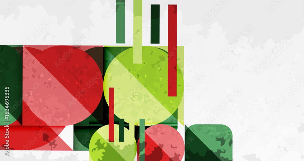 Poster abstract geometric composition. shapes overlap, creating vibrant color blocks. red, green, yellow do