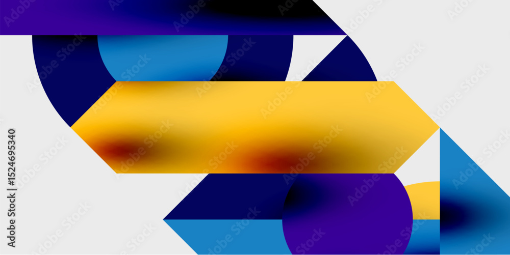 Poster abstract geometric shapes overlap, creating vibrant color gradients. composition features blues, pur