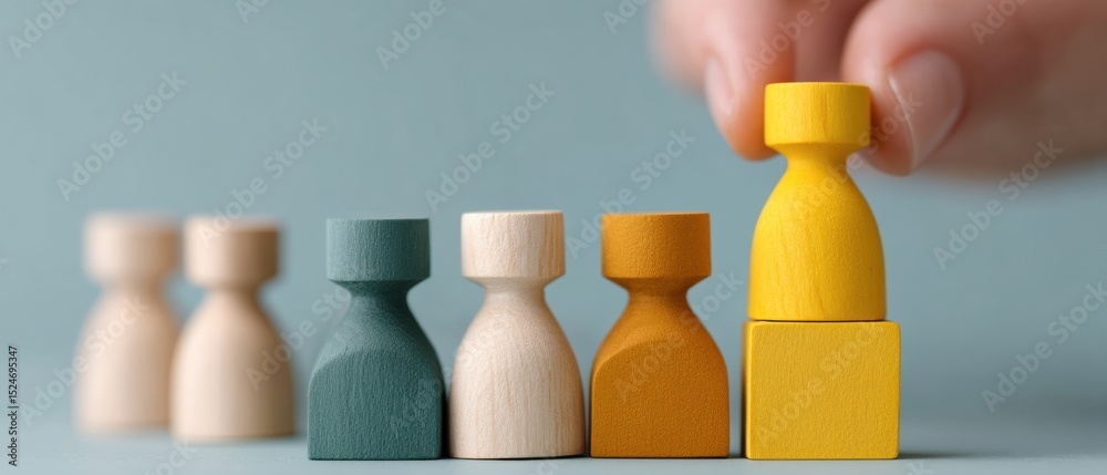 Poster Workforce Integration Concept with Wooden Figures and Pyramid Blocks on Minimalist Surface for HR Recruitment and Employee Development Strategies