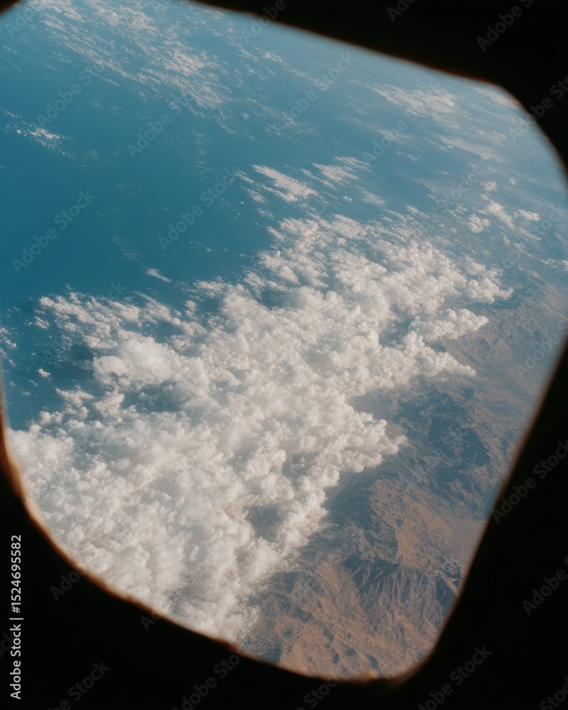 Poster curved space station porthole window view of earth and clouds with geometric observation module - ae
