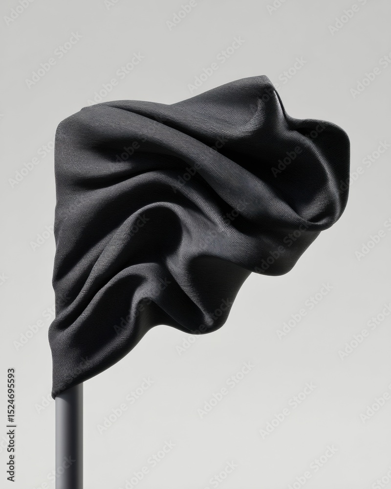 Poster dynamic black flag waving dramatically in wind on pole, fabric rippling with natural movement for bo