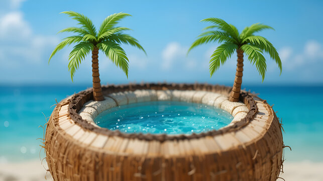 A charming miniature swimming pool crafted from a coconut shell, representing a tropical beach concept and a creative minimal summer idea. - Powered by Adobe