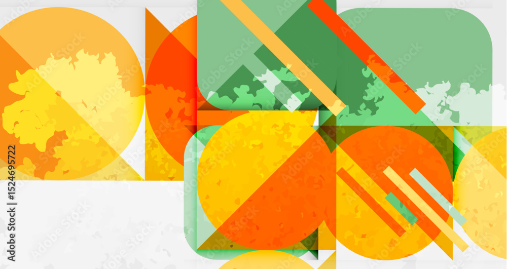 Poster Abstract geometric composition. Overlapping shapes, warm colors dominate, textured background creates visual interest. Modern design elements present.