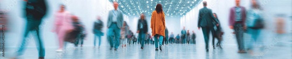 Aufkleber Modern Business Convention with Blurred Crowd Networking in Spacious Trade Corridor Featuring Architectural Ceiling and Exhibition Booths for Corporate Events
