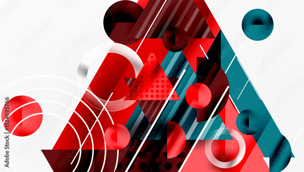 Aufkleber Abstract geometric composition. Red, teal shapes overlap, creating dynamic visual interest. Circles, triangles dominate design.