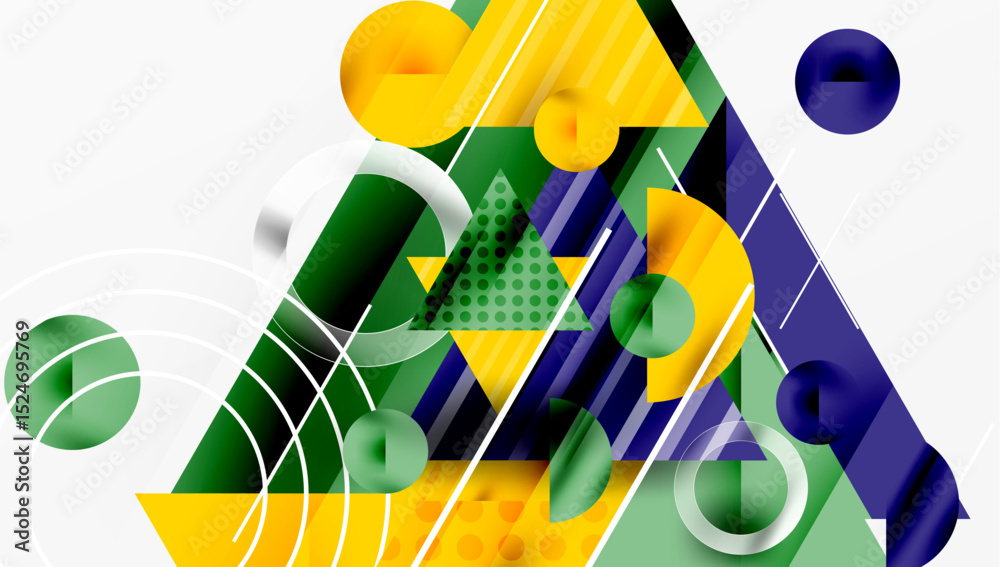 Poster abstract geometric composition. shapes overlap, creating dynamic visual experience. yellow, green, b