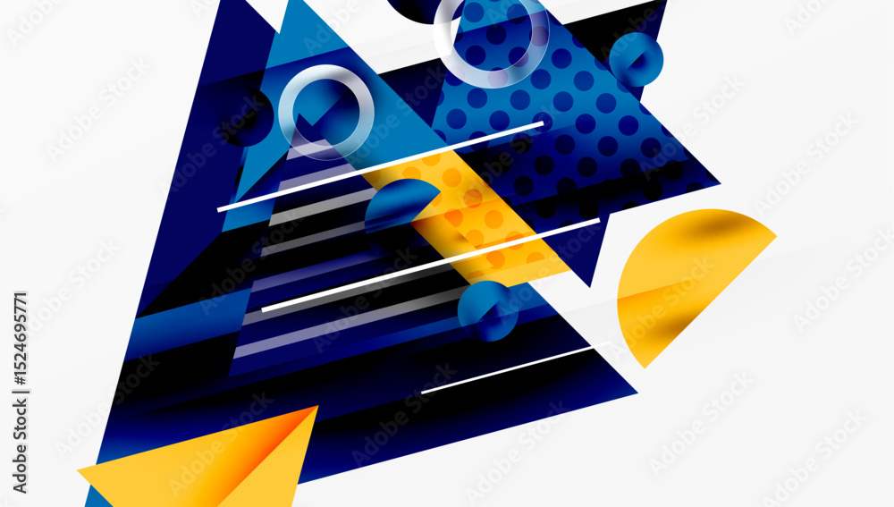 Poster Abstract geometric composition. Blue, yellow shapes overlap, creating dynamic visual interest. Modern design elements present.