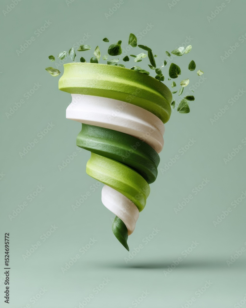 Poster stylized tornado symbol in green and white with dynamic swirling lines representing natural energy a