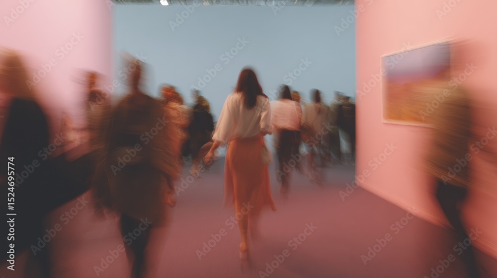 Poster Blurred Motion Crowd at Modern Trade Show Corridor with Dynamic Depth and Structural Ceiling Elements Representing Business Momentum and Industry Innovation