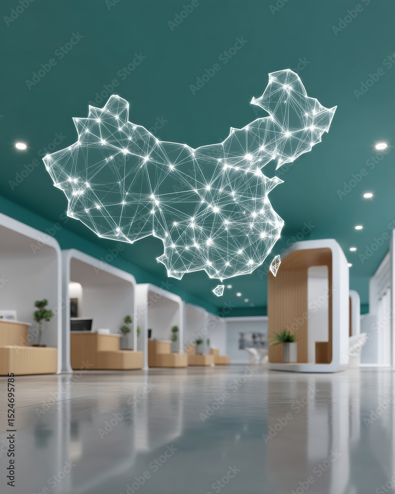Aufkleber Futuristic China Blockchain Network Visualization in Modern Office Space Enhancing Supply Chain Transparency and Optimized Cross-Border Commerce