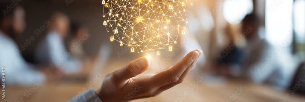Aufkleber Digital Tokenization and Blockchain Security Icons Hovering Over Hand in Modern Office for Fintech Marketing and Decentralized Data Management