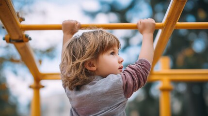 A child plays on monkey bars, gripping the yellow structure with determination, surrounded by greenery in a bright outdoor setting.