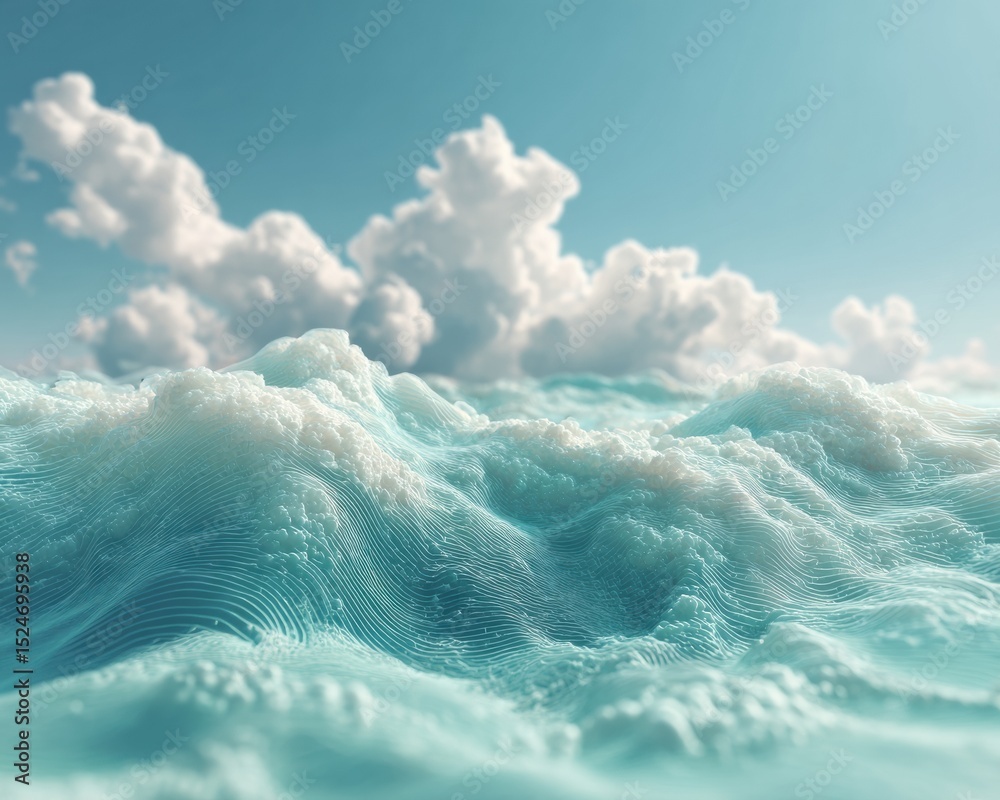 Poster Digital Ocean Waves Visualization with Cloudy Sky Background for Marine Data Analysis and Climate Impact Forecasting in Tech and Environmental Research