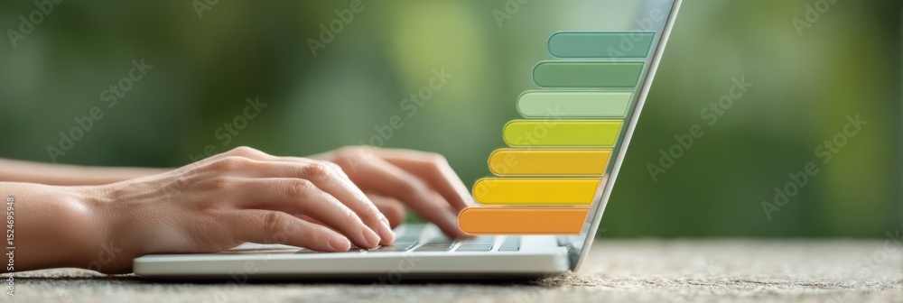 Poster sustainable energy efficiency concept with hands typing on laptop and virtual rating graph showing e