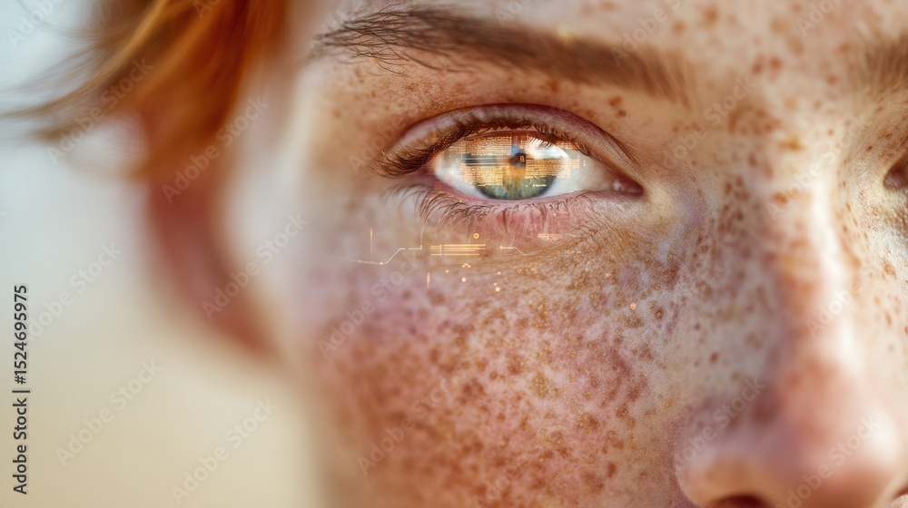 Poster close-up of human eye with smart contact lens projecting augmented reality data, futuristic telepres