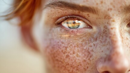 Close-up of human eye with smart contact lens projecting augmented reality data, futuristic telepresence technology for business communication and innovation