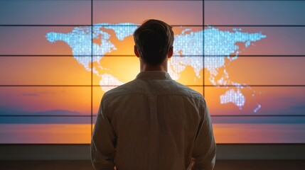 A person gazes at a digital world map against a sunset backdrop, symbolizing global connection and technology.