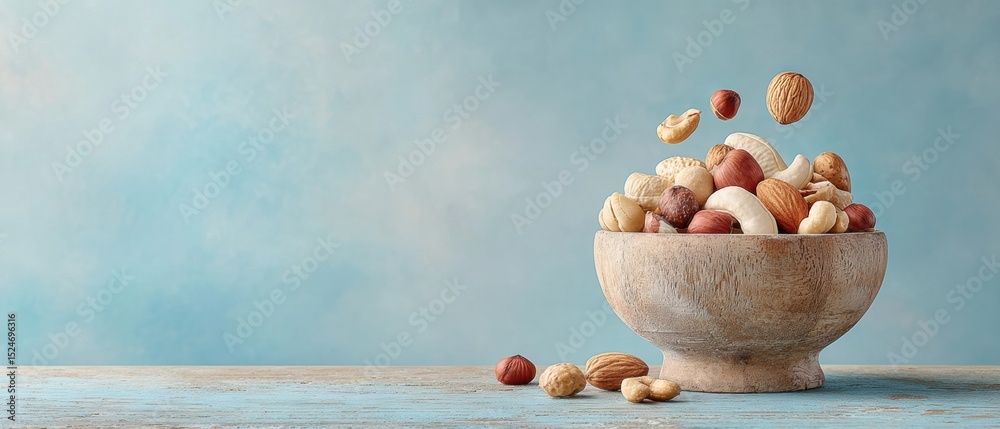 Poster minimalist nutrient dense nut bowl in rustic wood on weathered surface with soft twilight lighting f