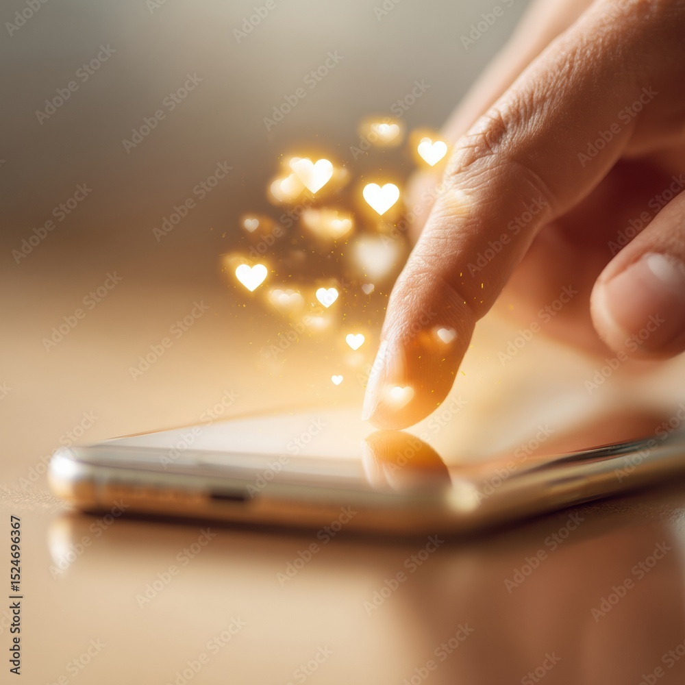 Poster close-up of finger touching smartphone screen with floating heart icons symbolizing social media eng
