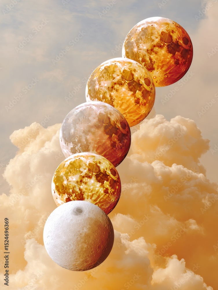 Aufkleber Lunar Meditation Display Sequential Full Moon Phase Cycle with Detailed Surface Textures and Wispy Clouds - Astronomy Education and Natural Rhythm Visualization