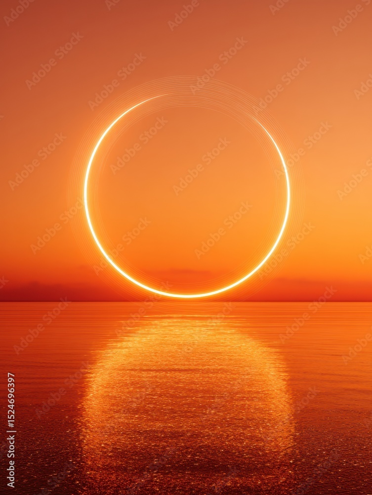 Poster Futuristic Circular Lightstick Holographic Portal with Digital Rings and Interface Elements Over Reflective Water Surface at Sunset for Tech Innovation