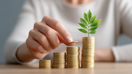 A hand places a coin on stacked coins, with a green plant growing from the top stack, symbolizing financial growth and sustainability.