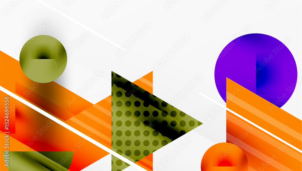 Poster abstract geometric shapes overlap, creating vibrant composition. orange, purple, green dominate desi