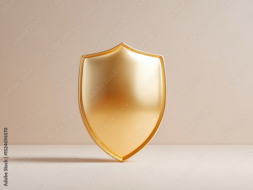 Poster golden polished metallic shield with geometric precision on neutral background for modern business s
