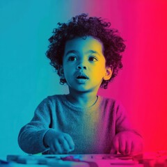 Neurodiversity Support Focused Child in Therapy with Vibrant Pop-Art Colors and Geometric Patterns for Inclusive Healthcare Marketing