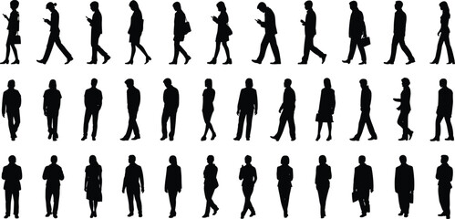 Silhouette people walking, standing, using phone, office attire, male and female poses, casual business postures, vector illustration, city crowd