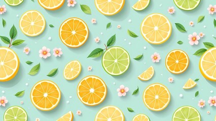 Vibrant citrus slices with flowers and leaves on a light blue background pattern art