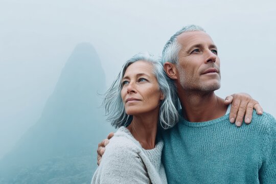 Thoughtful middle-aged couple embracing with serene expressions, symbolizing life planning and emotional support in insurance advertising and future transitions