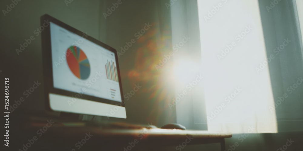 Poster Modern financial dashboard on computer screen showing asset allocation pie charts and bar graphs for investment portfolio management in bright workspace