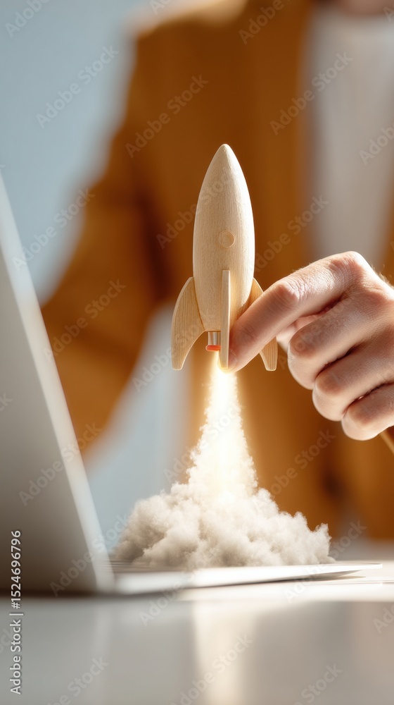 Poster business innovation concept with wooden rocket launching from laptop symbolizing digital growth and 