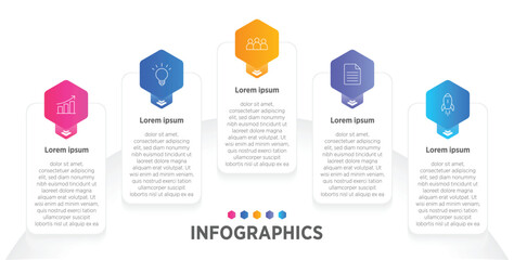 Modern Horizontal progress bar featuring 5 shaped elements, symbolizing the five stages of business strategy and progression. Clean timeline infographic design template. Vector for presentation