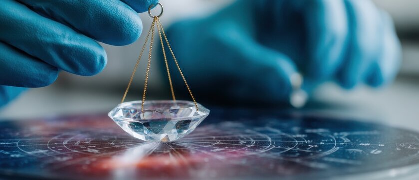 Faceted Crystal Pendulum Swinging Over Celestial Chart in Blue Gloves for Spiritual Wellness and Intuitive Guidance Business Content